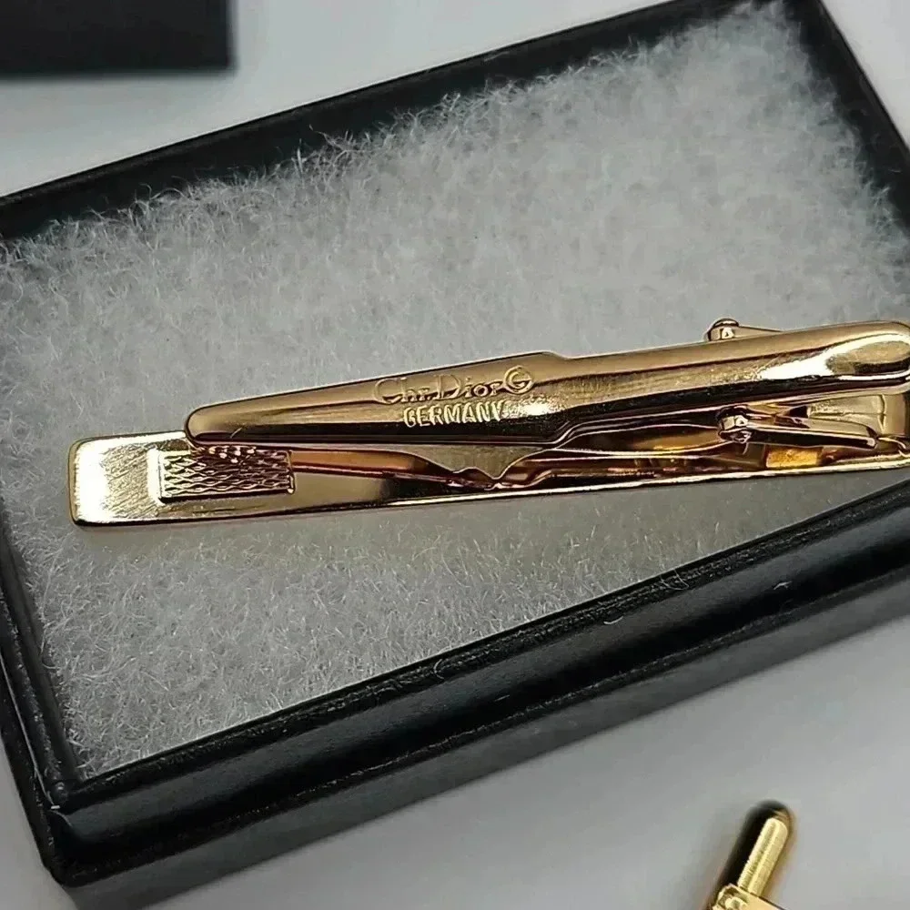 Christian Dior CD Logo Bullet Back Gold and Silver Tone Cufflinks with Tie bar